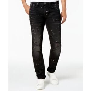 NWT GUESS mens slim tapered pants splatter stretch jeans black denim distressed